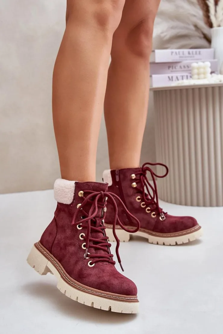 Hot Boto Ocieplane Trapery Botki Damskie Na Zamek Bordowe Ferelia
