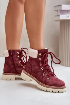 Hot Boto Ocieplane Trapery Botki Damskie Na Zamek Bordowe Ferelia