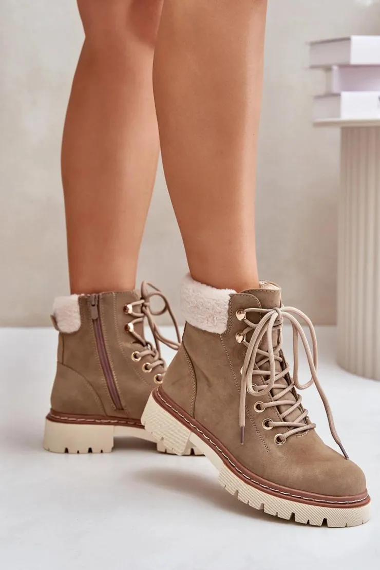 Damskie Boto Ocieplane Trapery Botki Damskie Na Zamek Khaki Ferelia