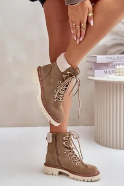 Damskie Boto Ocieplane Trapery Botki Damskie Na Zamek Khaki Ferelia