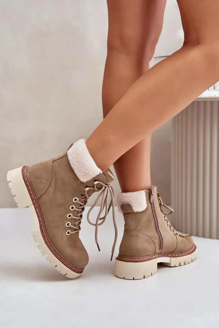 Damskie Boto Ocieplane Trapery Botki Damskie Na Zamek Khaki Ferelia