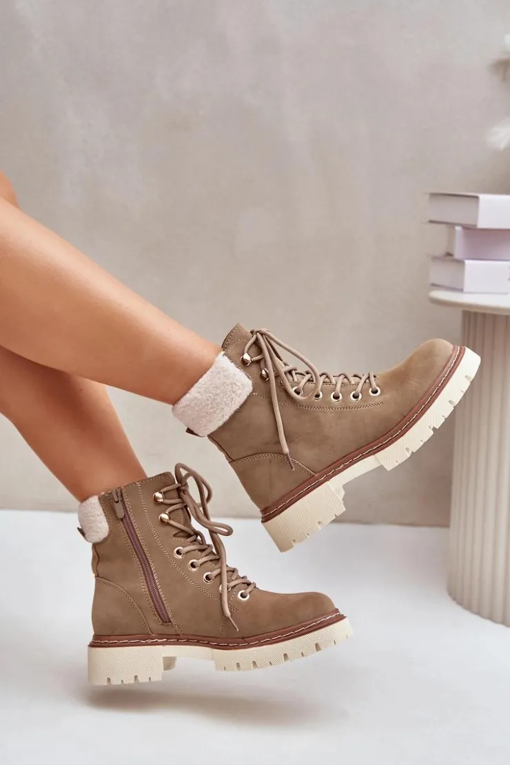 Damskie Boto Ocieplane Trapery Botki Damskie Na Zamek Khaki Ferelia