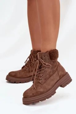 Boto Ocieplane Trapery Botki Damskie Sznurowane Brązowe Lyrinne Brązowy