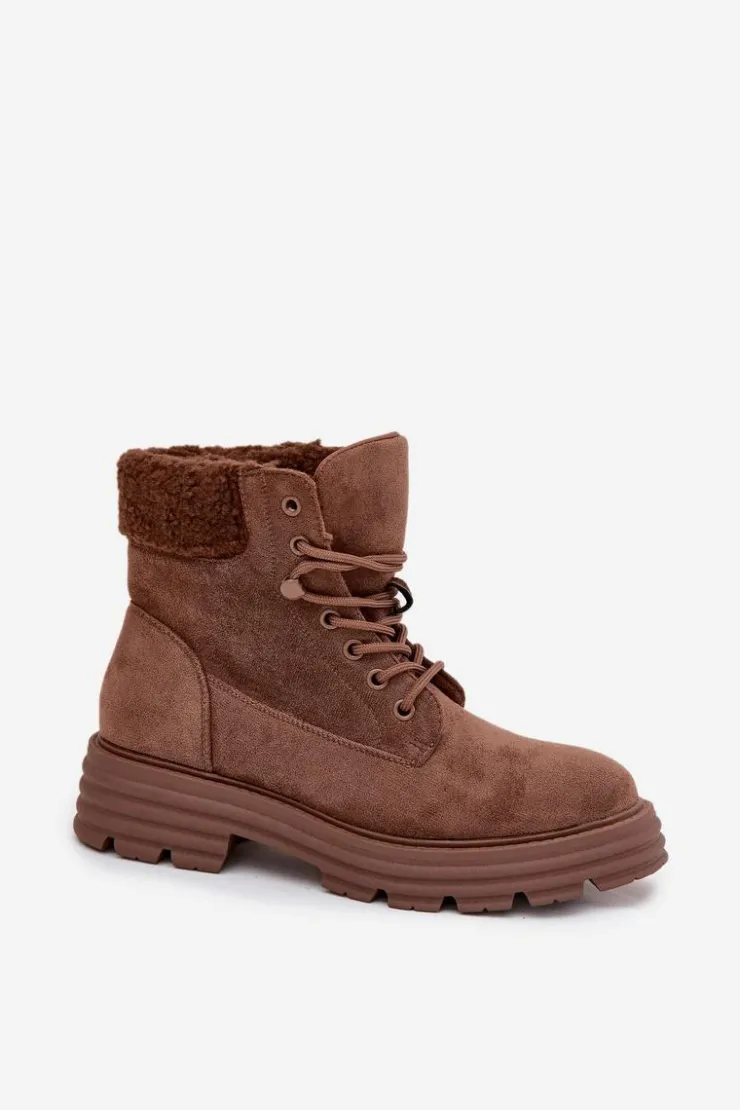 Boto Ocieplane Trapery Botki Damskie Sznurowane Brązowe Lyrinne Brązowy