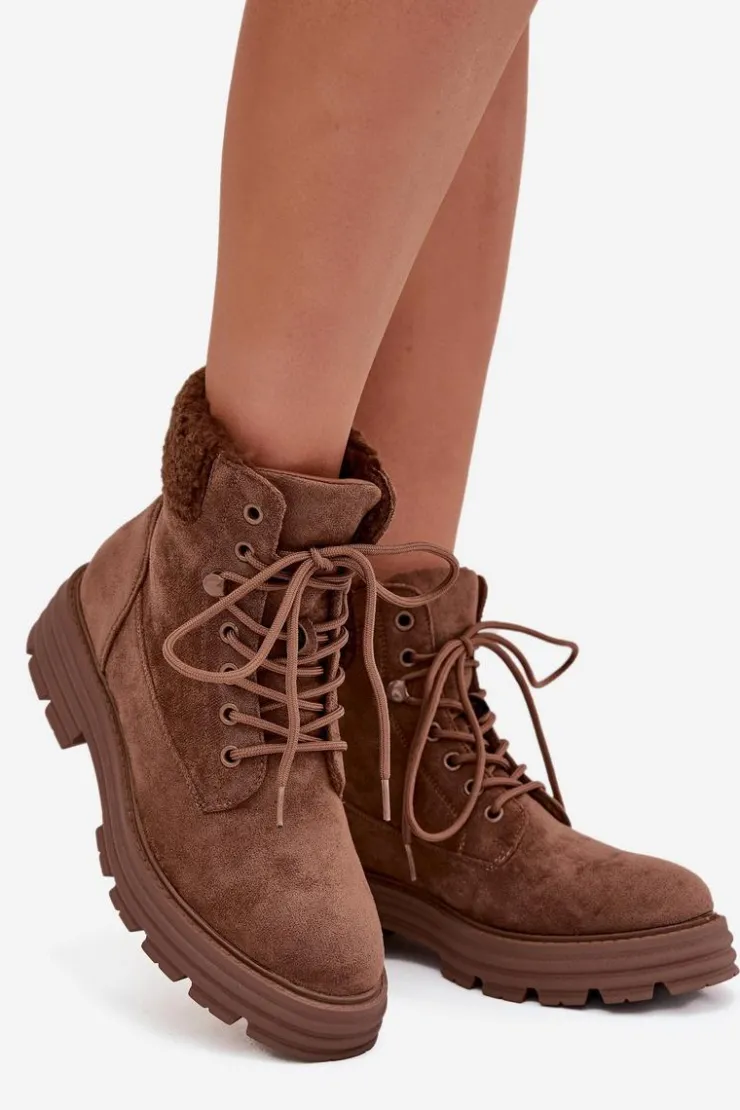 Boto Ocieplane Trapery Botki Damskie Sznurowane Brązowe Lyrinne Brązowy