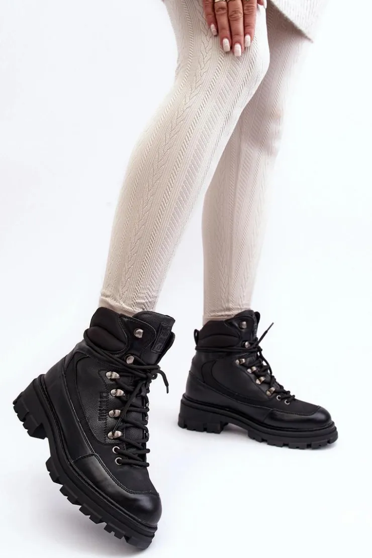 Hot Big Star Shoes Ocieplane Trapery Botki Sznurowane Damskie Czarne Big Star MM274663