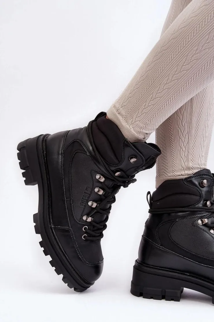 Hot Big Star Shoes Ocieplane Trapery Botki Sznurowane Damskie Czarne Big Star MM274663