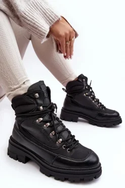 Hot Big Star Shoes Ocieplane Trapery Botki Sznurowane Damskie Czarne Big Star MM274663