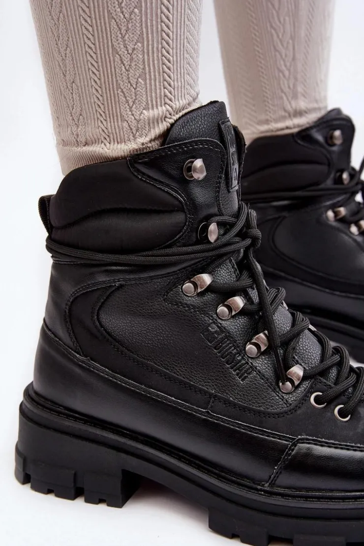 Hot Big Star Shoes Ocieplane Trapery Botki Sznurowane Damskie Czarne Big Star MM274663