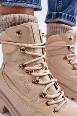 Damskie Big Star Shoes Ocieplane Trapery Botki Sznurowane Damskie Jasnobeżowe Big Star MM274664