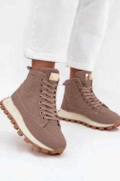 Damskie Boto Ocieplane Trapery Damskie Na Platformie Ciemnobeżowe Marivira