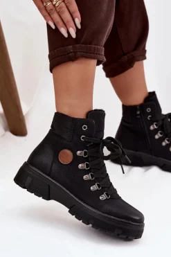 Boto Damskie Trapery|Botki Sznurowane*Ocieplane Trapery Damskie Na Platformie Czarne Zaraine Czarny