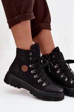 Boto Damskie Trapery|Botki Sznurowane*Ocieplane Trapery Damskie Na Platformie Czarne Zaraine Czarny