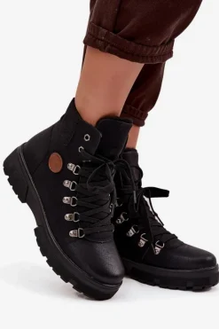 Boto Damskie Trapery|Botki Sznurowane*Ocieplane Trapery Damskie Na Platformie Czarne Zaraine Czarny