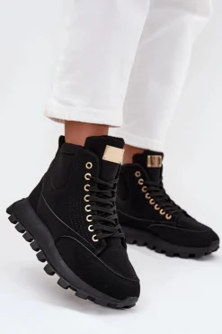 Damskie Boto Ocieplane Trapery Damskie Na Platformie Czarne Marivira