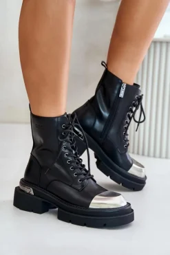 GOE Czarne Botki|Botki Zimowe Damskie*Ocieplane Workery Botki Damskie Ze Skóry Naturalnej OO2N4119 Czarne