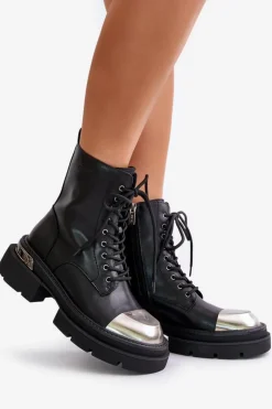 GOE Czarne Botki|Botki Zimowe Damskie*Ocieplane Workery Botki Damskie Ze Skóry Naturalnej OO2N4119 Czarne