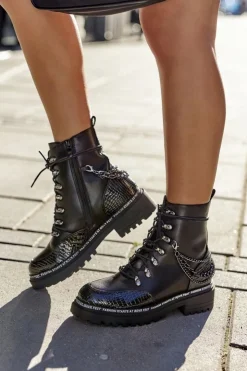 Damskie buty S.Barski Botki Sznurowane|Czarne Botki*Ocieplane Workery Z Łańcuchami Czarne Linus
