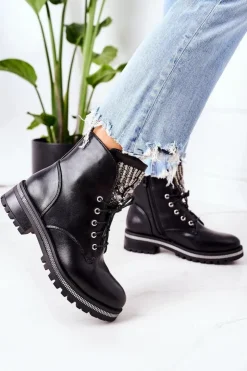 Boto Botki Sznurowane|Czarne Botki*Ocieplane Workery Z Cyrkoniami Czarne Attention