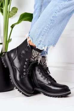 Boto Botki Sznurowane|Czarne Botki*Ocieplane Workery Z Cyrkoniami Czarne Attention