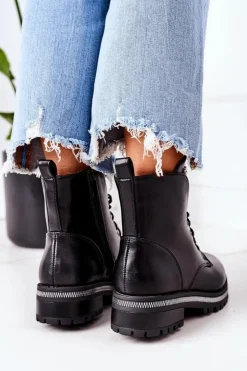 Boto Botki Sznurowane|Czarne Botki*Ocieplane Workery Z Cyrkoniami Czarne Attention