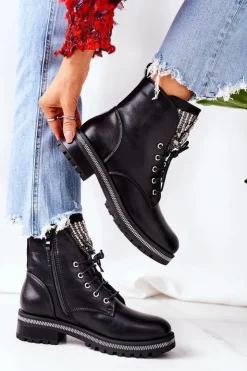 Boto Botki Sznurowane|Czarne Botki*Ocieplane Workery Z Cyrkoniami Czarne Attention