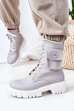 Damskie Boto Ocieplane Workery Z Kieszenią Jasnoszare Awesome