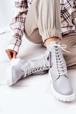 Damskie Boto Ocieplane Workery Z Kieszenią Jasnoszare Awesome