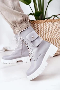 Damskie Boto Ocieplane Workery Z Kieszenią Jasnoszare Awesome