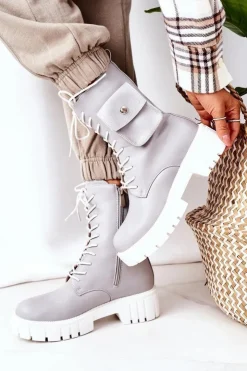 Damskie Boto Ocieplane Workery Z Kieszenią Jasnoszare Awesome