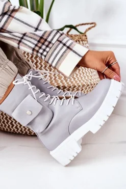 Damskie Boto Ocieplane Workery Z Kieszenią Jasnoszare Awesome