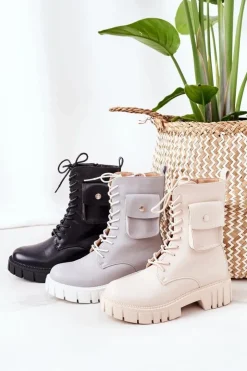 Damskie Boto Ocieplane Workery Z Kieszenią Czarne Awesome