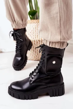 Damskie Boto Ocieplane Workery Z Kieszenią Czarne Awesome