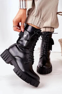 Damskie Boto Ocieplane Workery Z Kieszenią Czarne Awesome