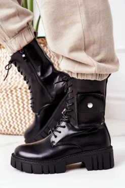 Damskie Boto Ocieplane Workery Z Kieszenią Czarne Awesome