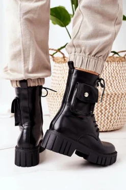 Damskie Boto Ocieplane Workery Z Kieszenią Czarne Awesome