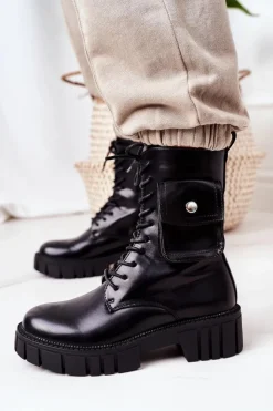 Damskie Boto Ocieplane Workery Z Kieszenią Czarne Awesome