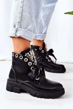 Boto Botki Sznurowane|Czarne Botki*Ocieplane Workery Z Metalowymi Perełkami Czarne Perla