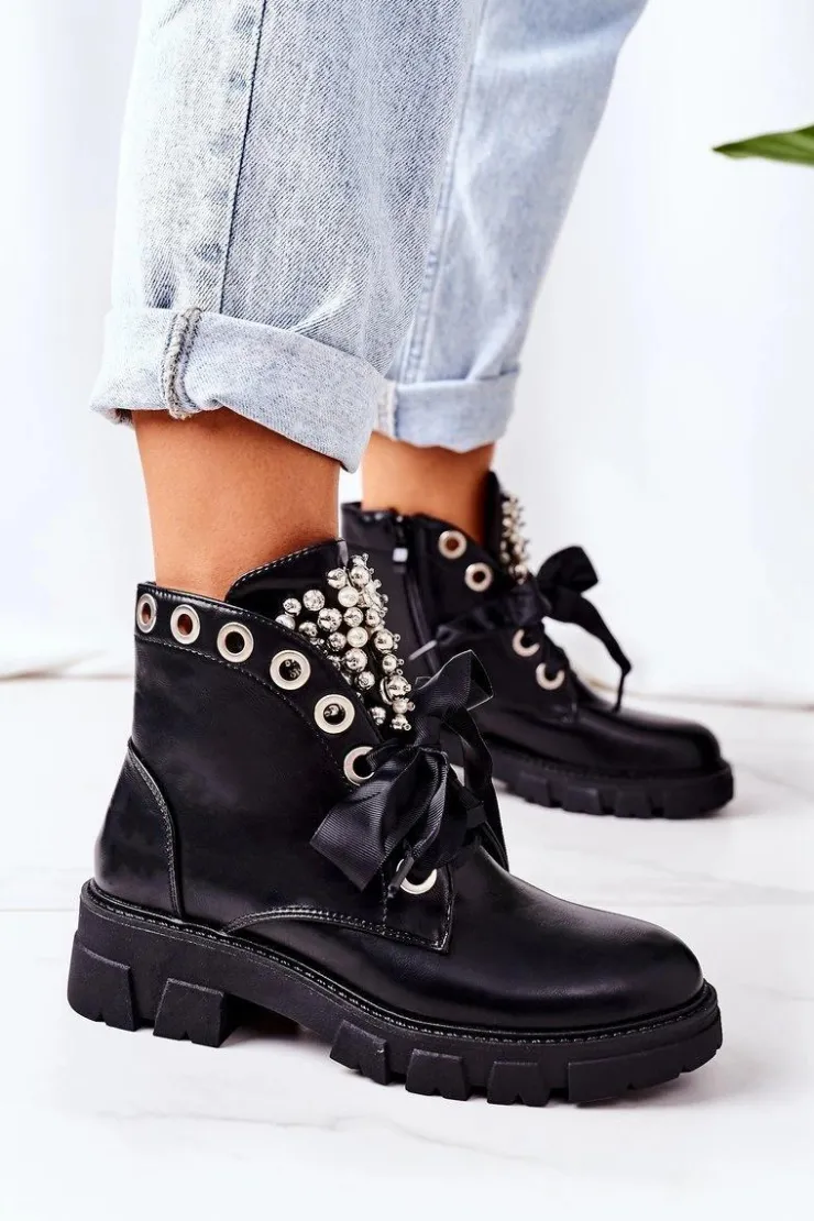 Boto Botki Sznurowane|Czarne Botki*Ocieplane Workery Z Metalowymi Perełkami Czarne Perla