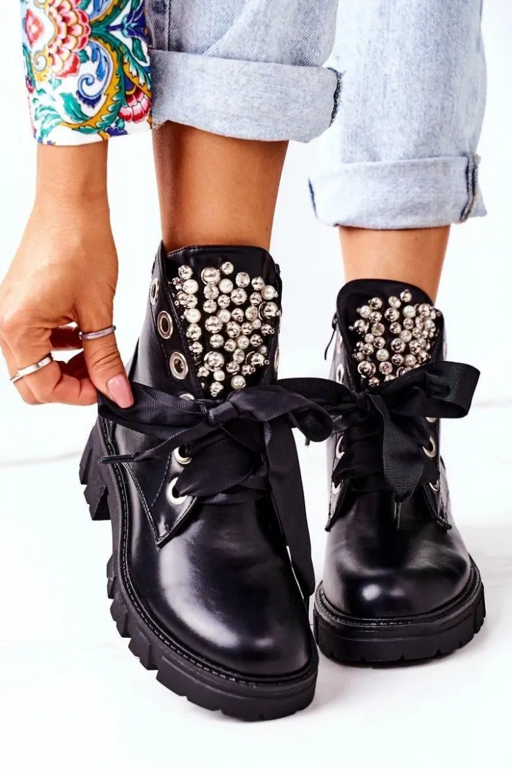 Boto Botki Sznurowane|Czarne Botki*Ocieplane Workery Z Metalowymi Perełkami Czarne Perla
