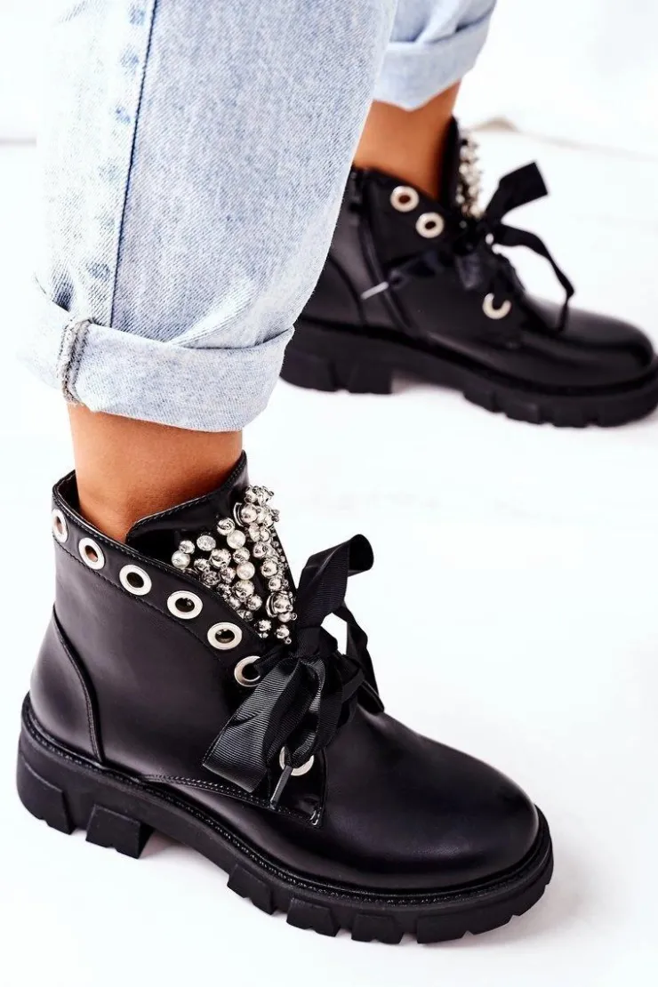 Boto Botki Sznurowane|Czarne Botki*Ocieplane Workery Z Metalowymi Perełkami Czarne Perla