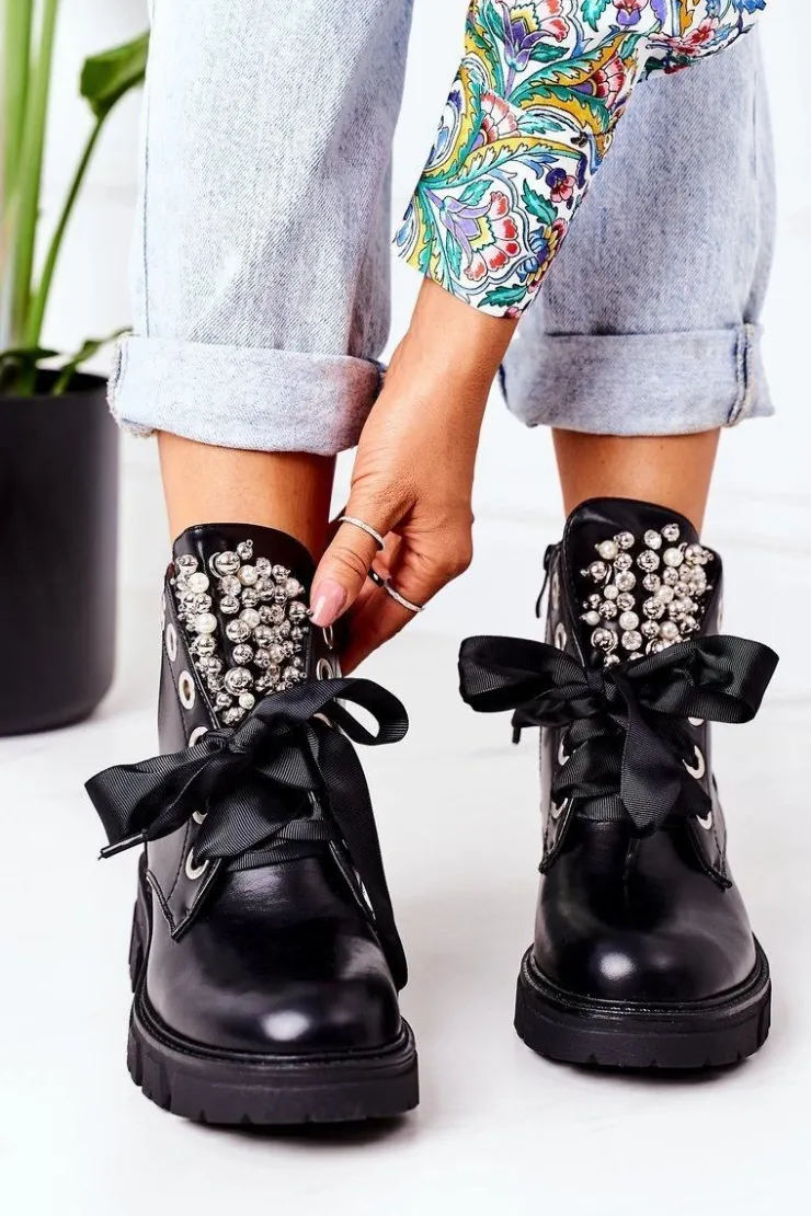 Boto Botki Sznurowane|Czarne Botki*Ocieplane Workery Z Metalowymi Perełkami Czarne Perla