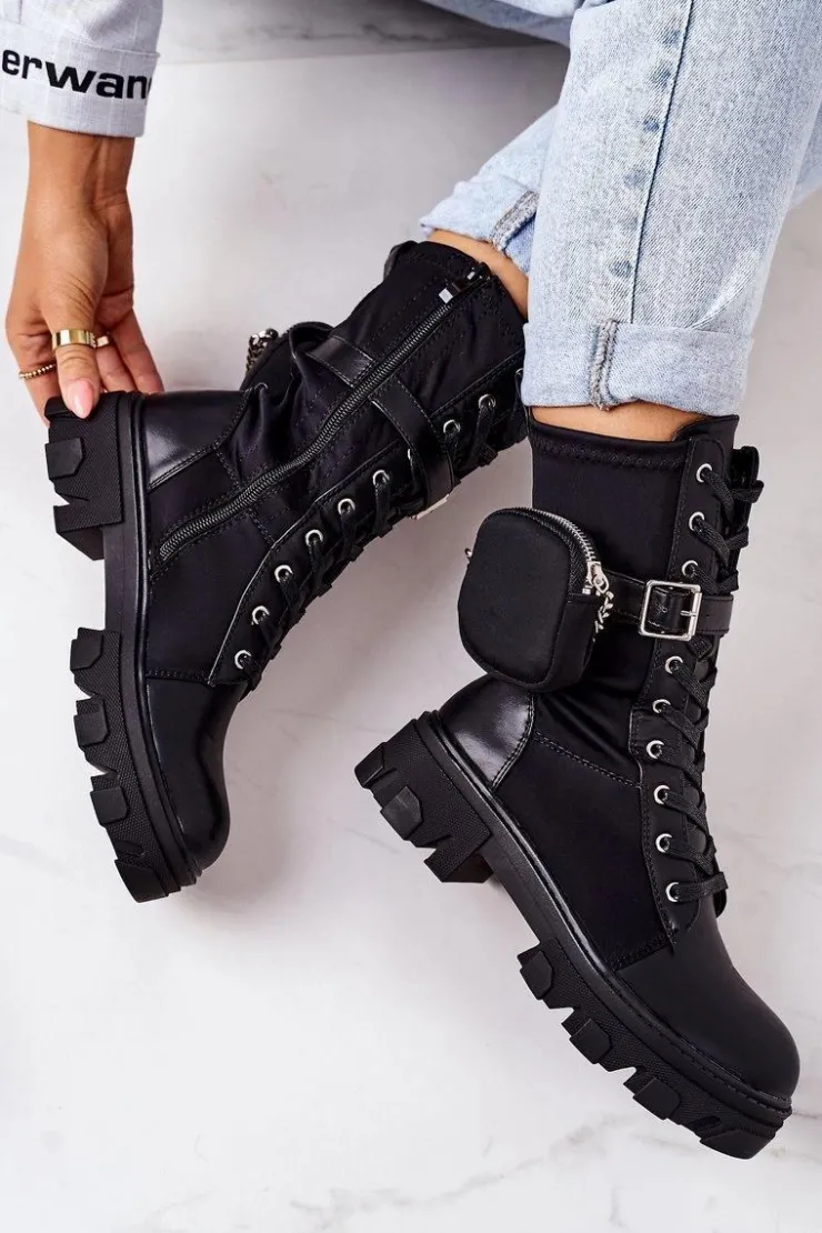 Boto Botki Sznurowane|Czarne Botki*Ocieplane Workery Z Nerką Czarne Look At Me