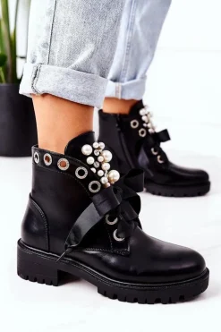 Damskie Boto Ocieplane Workery Z Perełkami Czarne Perla