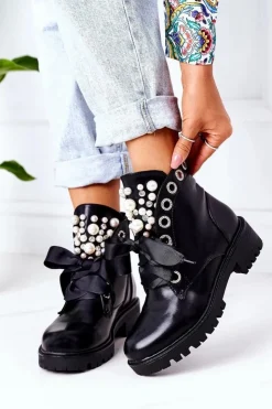 Damskie Boto Ocieplane Workery Z Perełkami Czarne Perla