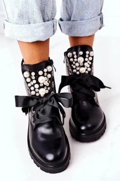 Damskie Boto Ocieplane Workery Z Perełkami Czarne Perla