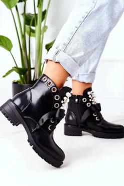 Damskie Boto Ocieplane Workery Z Perełkami Czarne Perla