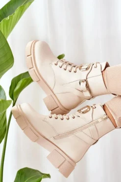 Outlet Boto Ocieplane Workery Ze Złotą Klamrą Beżowe Maybelle