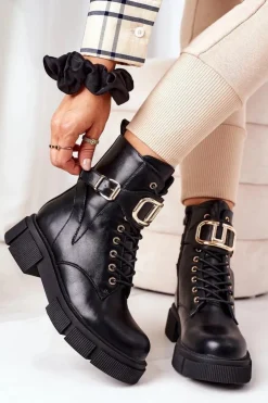 Boto Botki Sznurowane|Czarne Botki*Ocieplane Workery Ze Złotą Klamrą Czarne Maybelle