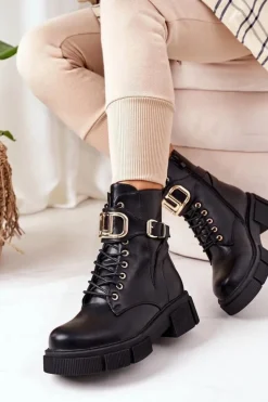Boto Botki Sznurowane|Czarne Botki*Ocieplane Workery Ze Złotą Klamrą Czarne Maybelle